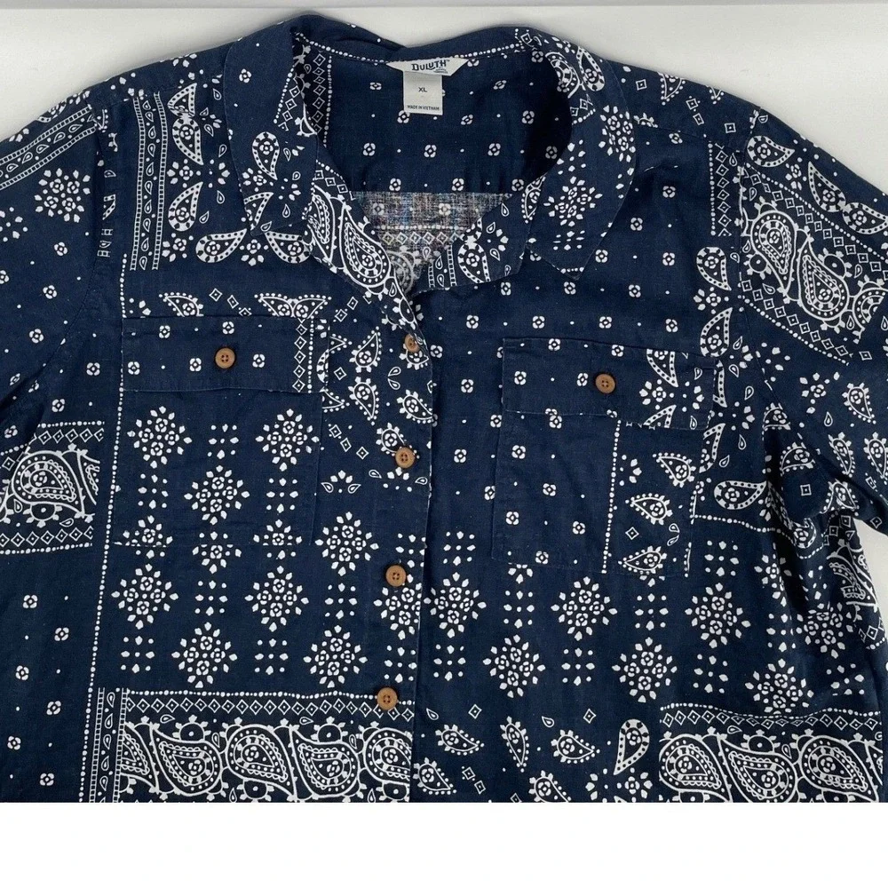 Duluth Trading Co Button Up Shirt Mens XL Blue Bandana Americana‎ Hemp Cotton